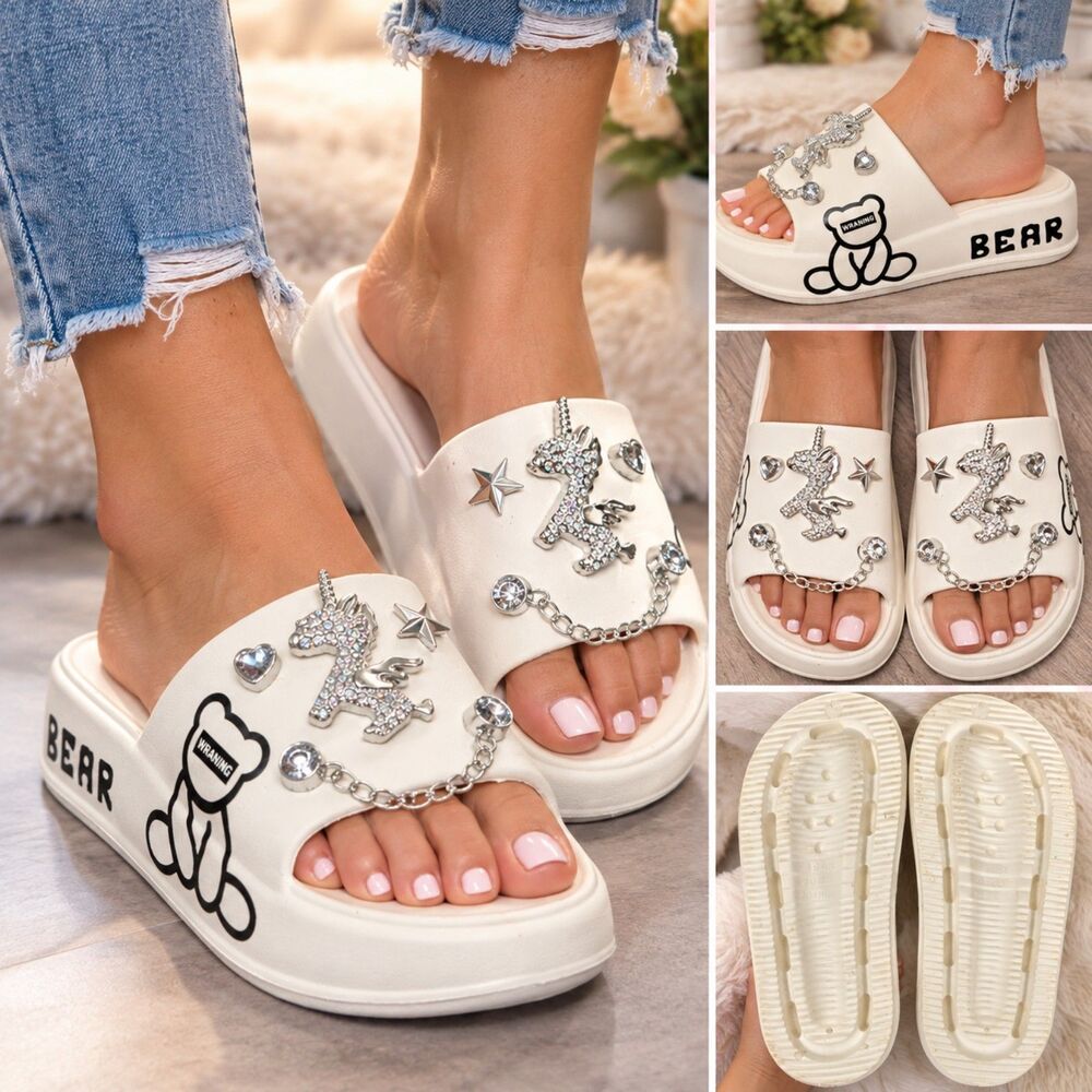 White Unicorn Platform Slide Sandals Rhinestone Charms Kawaii Women's US 9-10